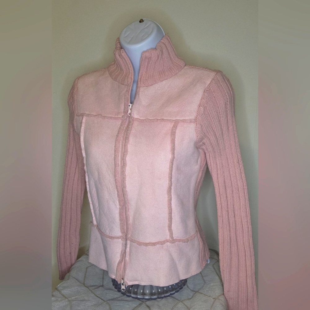 JJ Basics Zip up Faux Suede Ribbed Sweater Jacket